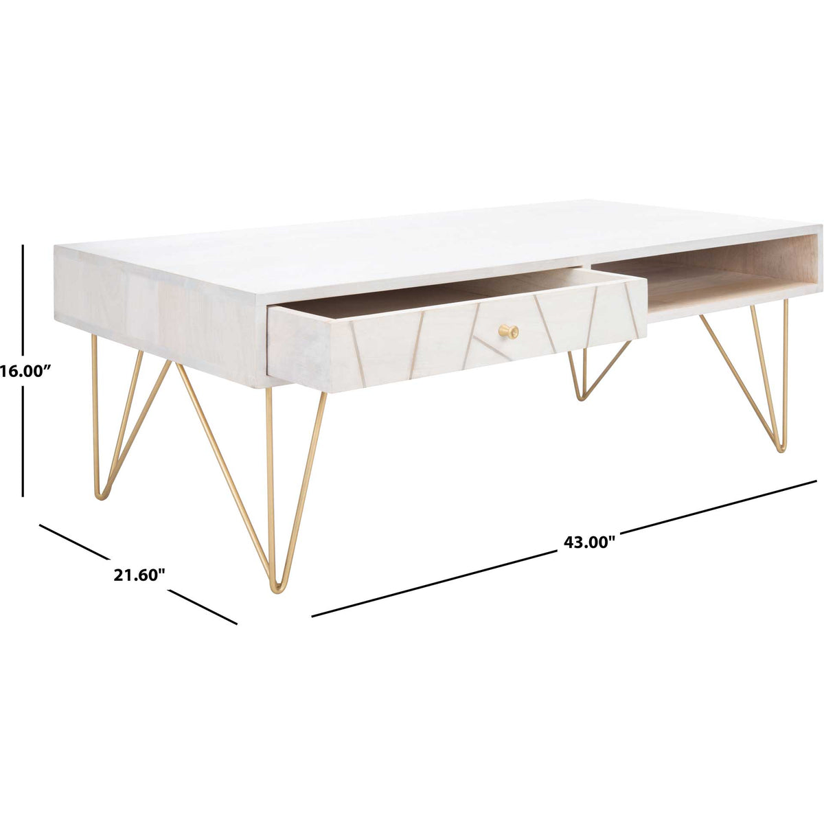 Whitewashed coffee table measures 43 inches wide, 21.6 inches deep and 16 inches high