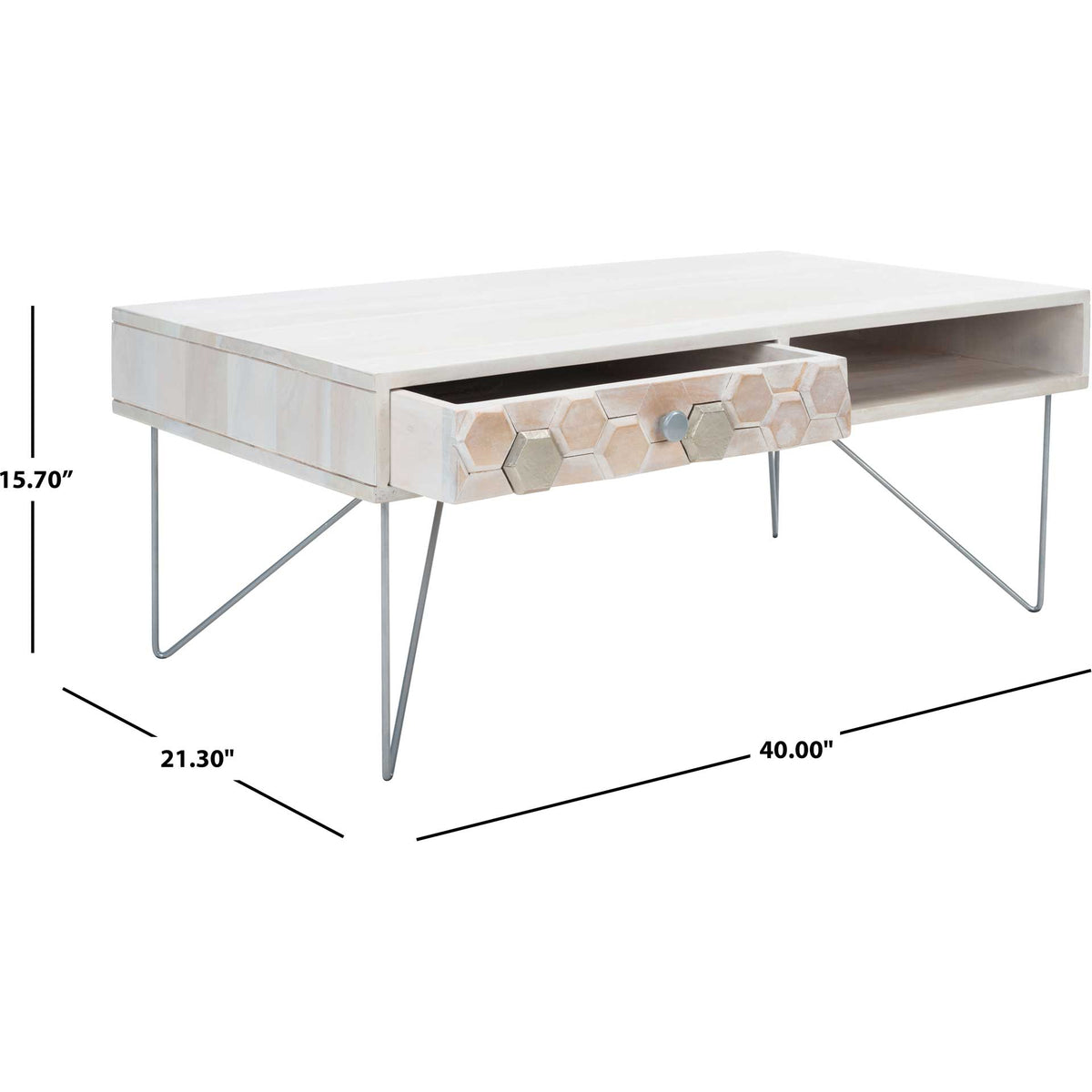 A whitewashed table with silver-finish legs and an open drawer measures 40 by 21.3 by 15.7 inches.