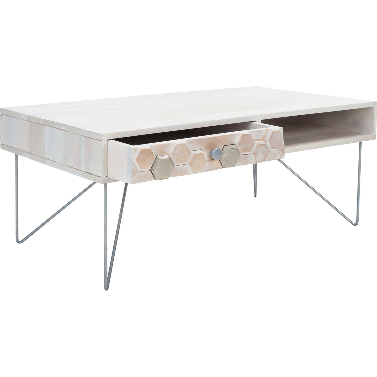 A whitewashed drawer with silver hexagon accents extends beside a roomy open cubby.