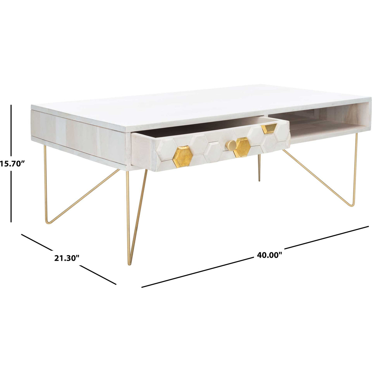 The gold-accented coffee table measures 40 inches long, 21.3 inches deep and 15.7 inches high.