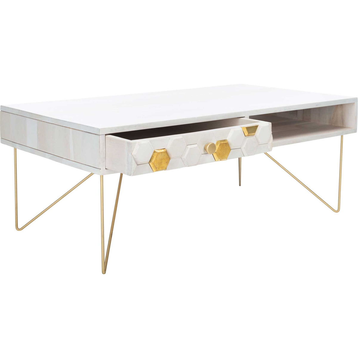 A gold-accented hexagon drawer slides out beside open storage beneath the whitewashed tabletop.