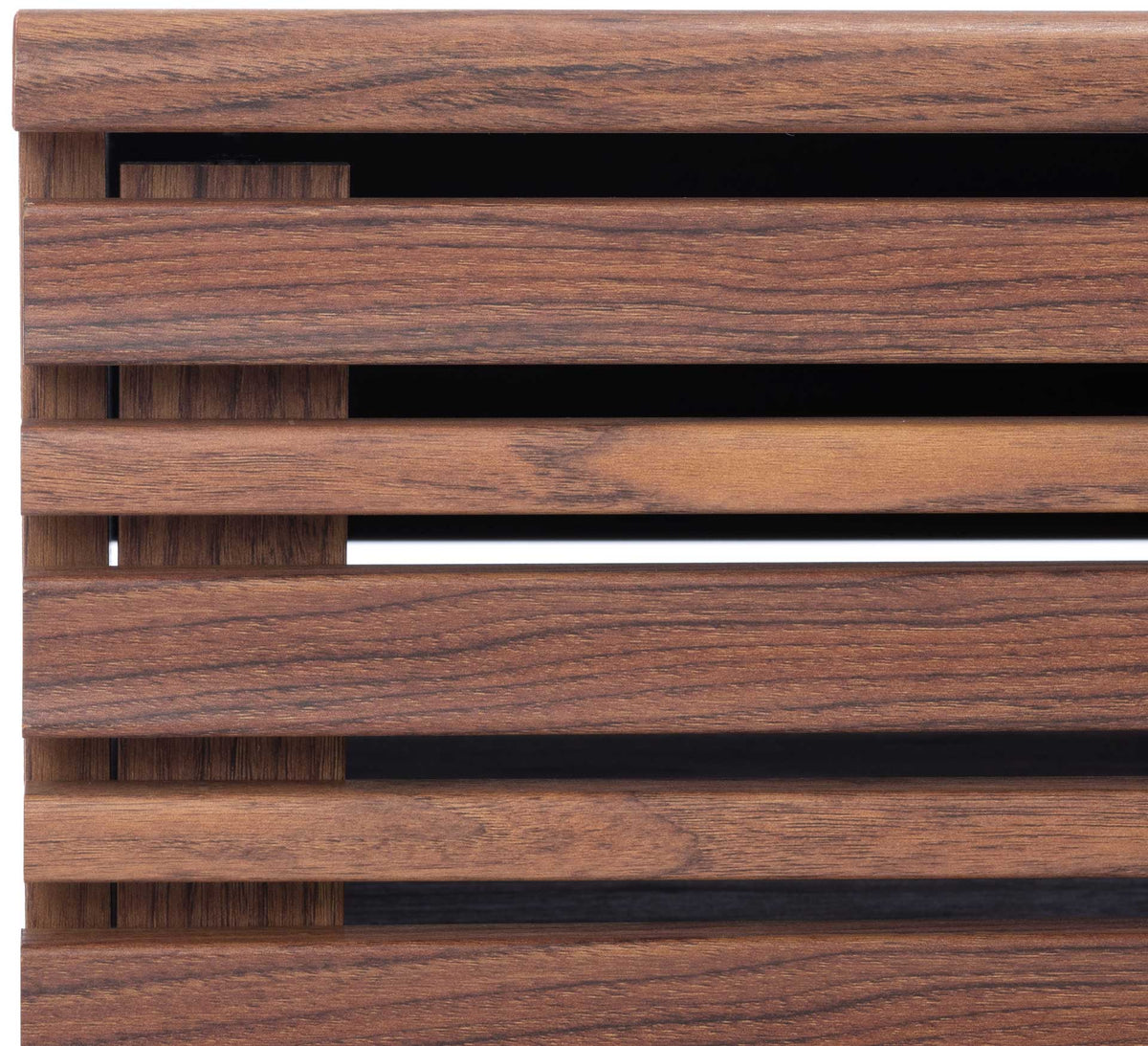 Rich wood-grain finish highlights the sliding door's horizontal slats