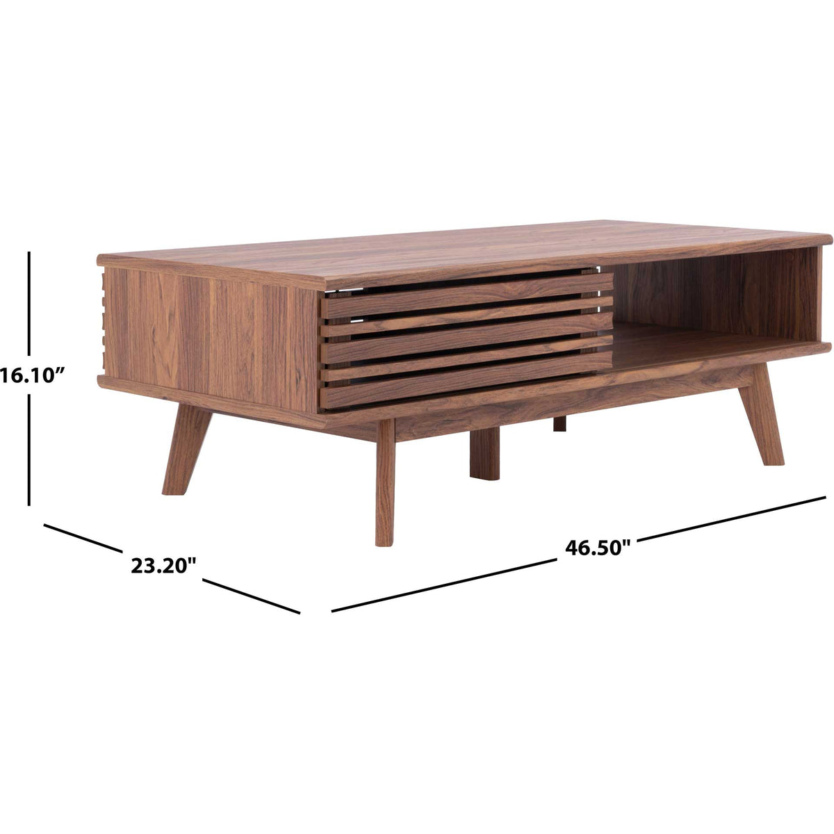 Coffee table measures 46.5 inches long, 23.2 inches deep and 16.1 inches high