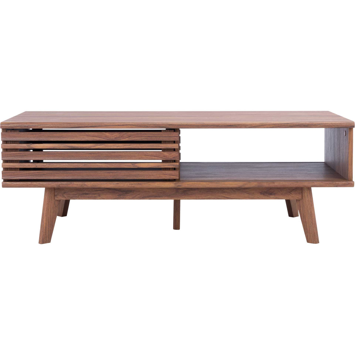 Low coffee table offers open storage beside a slatted sliding door || COF9600A || front_studio