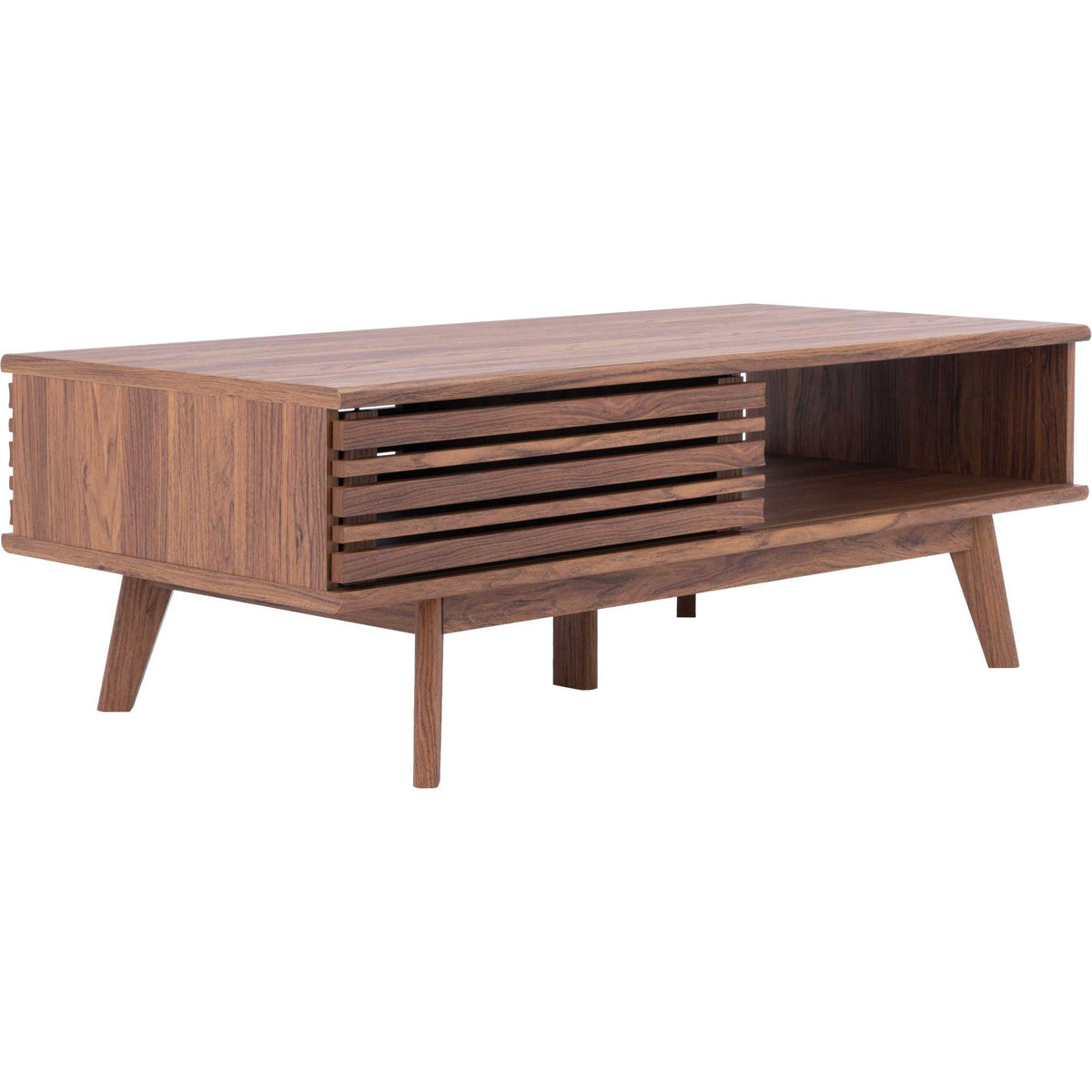 Walnut-finished coffee table pairs a slatted door with an open shelf and tapered legs || COF9600A || front_angle_studio