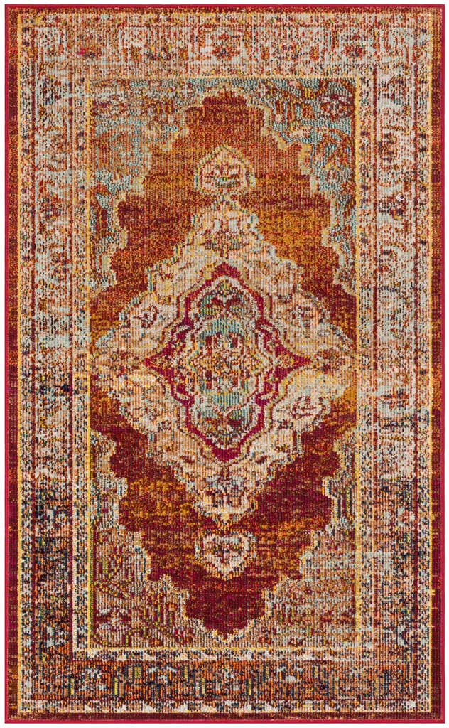 A compact orange and light blue rug displays an ornate medallion and layered red borders.