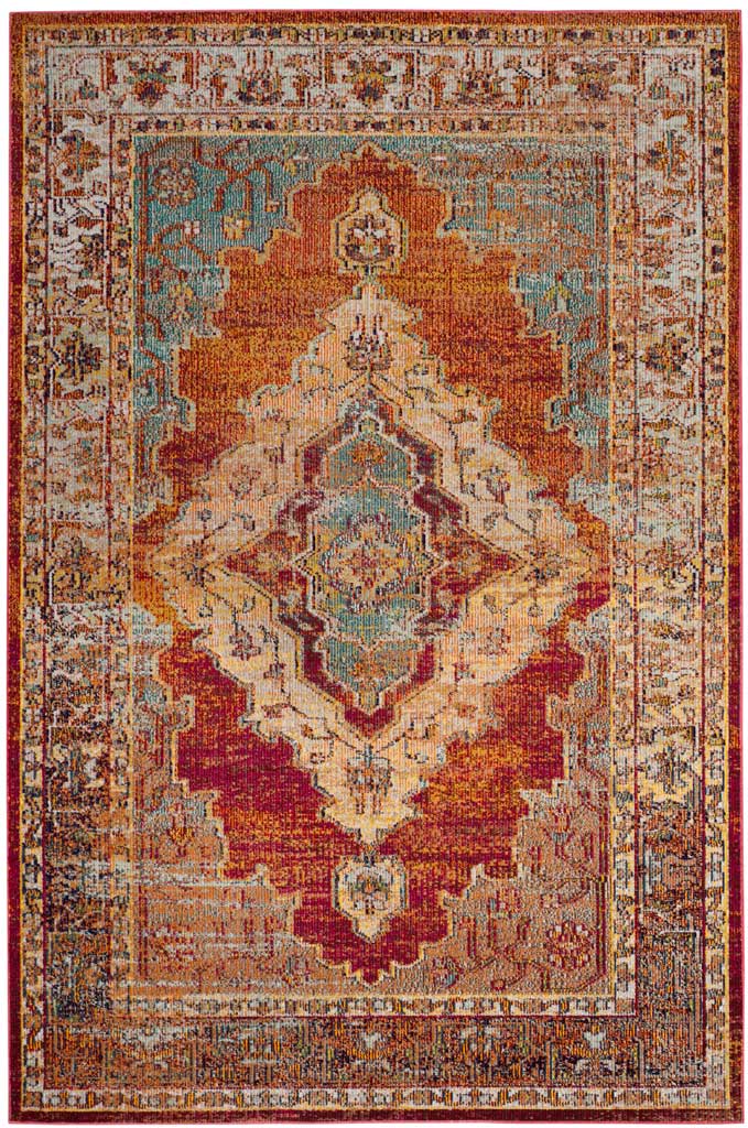 A cream medallion stands out against warm orange and light blue with distressed floral accents.