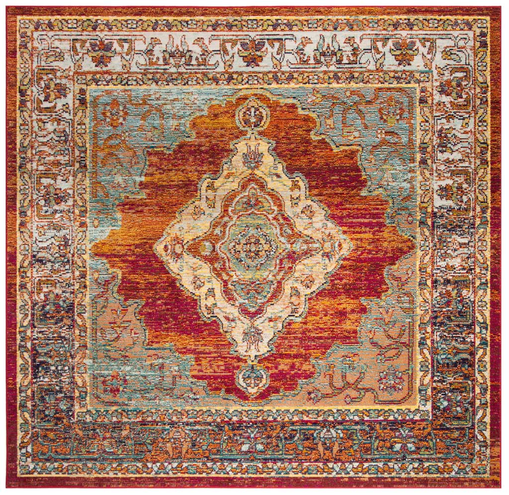 The square rug mixes warm orange, light blue, and red around an intricate central medallion.