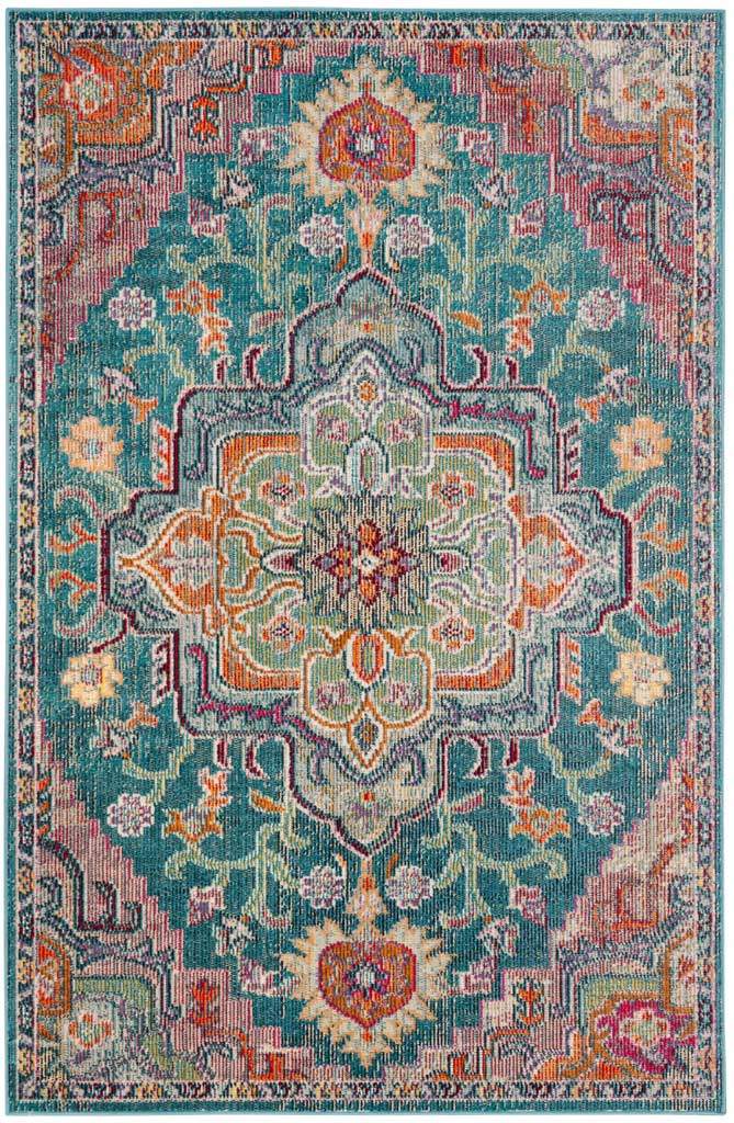 Soft teal and rose hues highlight a floral medallion, delicate blossoms, and an intricate border