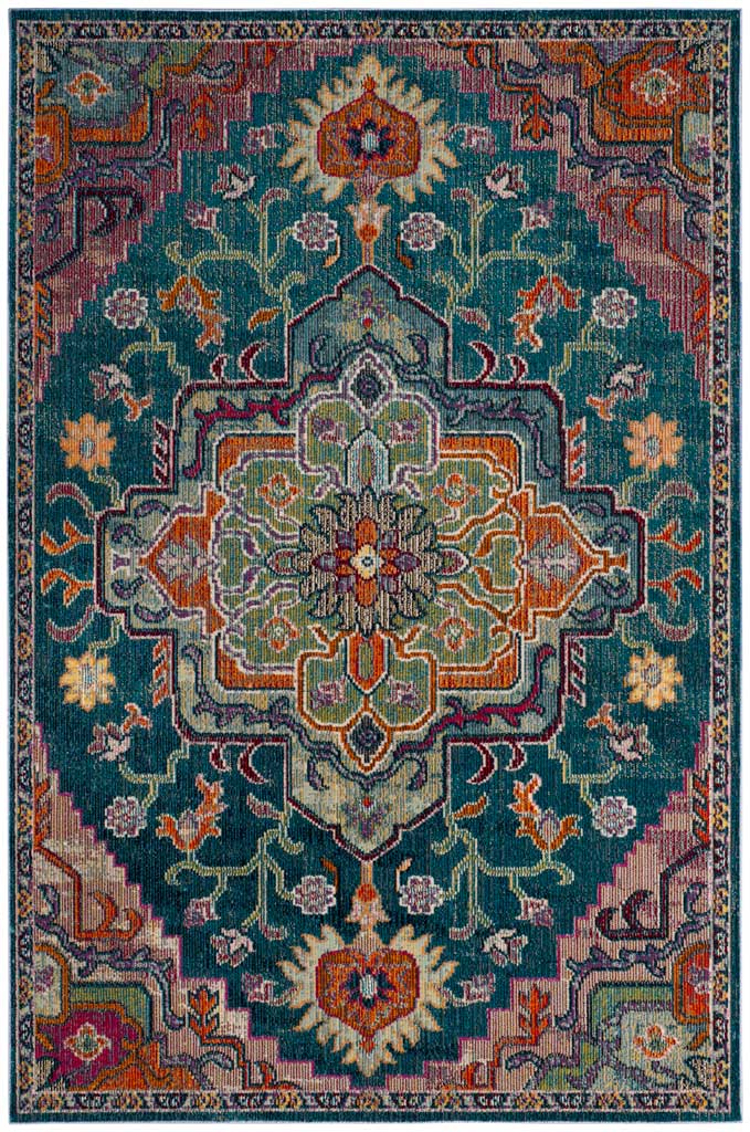 Deep teal grounds a floral medallion with warm rose and orange accents