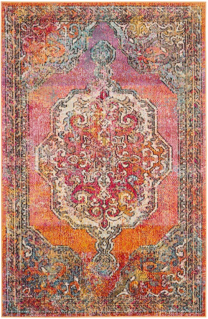 An ornate ivory medallion brightens a warm orange and pink field with delicate blue corner flourishes.