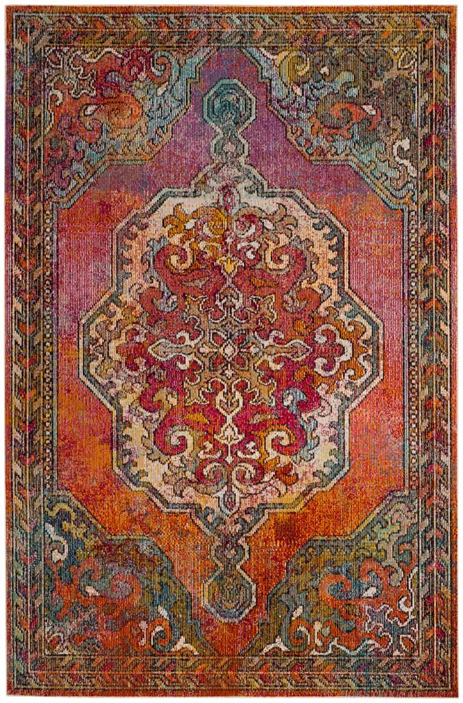 A cream and red medallion brings traditional scrollwork to a vivid orange and pink rug with blue corner accents.