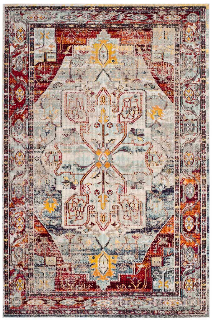 A rectangular rug combines a pale blue field, warm red accents and elaborate traditional motifs