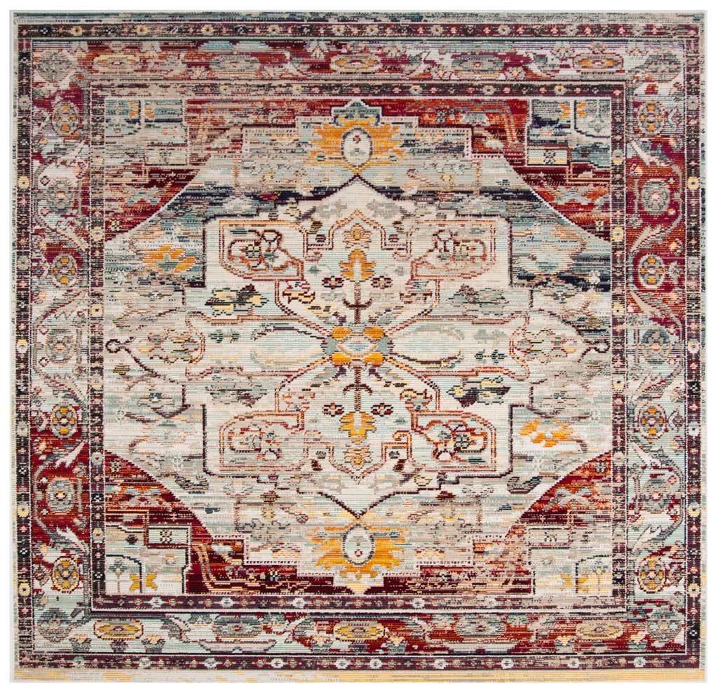 A square area rug centers a pale blue medallion within intricate red and multicolored borders