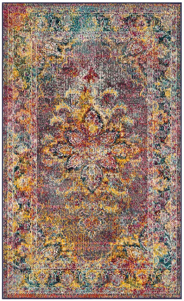 Navy and light blue area rug with a golden floral medallion framed by a multicolored border