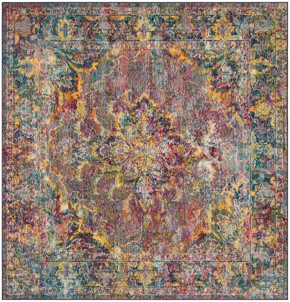 Square navy and light blue rug layers a faded medallion over a richly patterned floral field