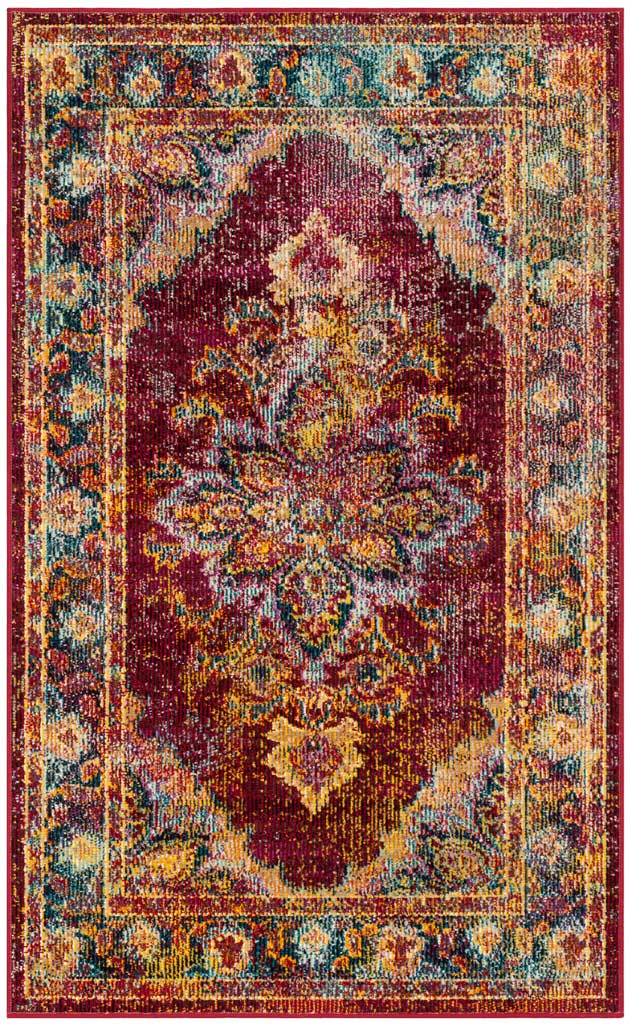 Ruby and navy rug pairs a dramatic floral centerpiece with a bright, vintage-inspired border