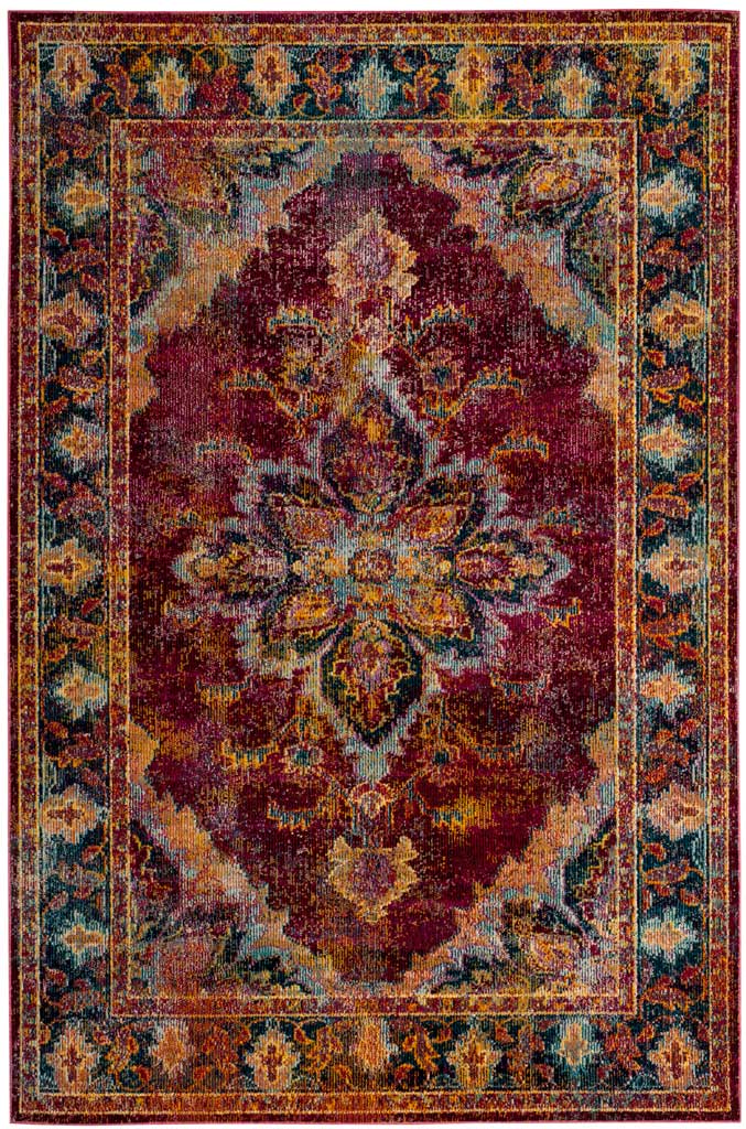 Ruby and navy area rug features a richly colored floral medallion framed by an intricate border