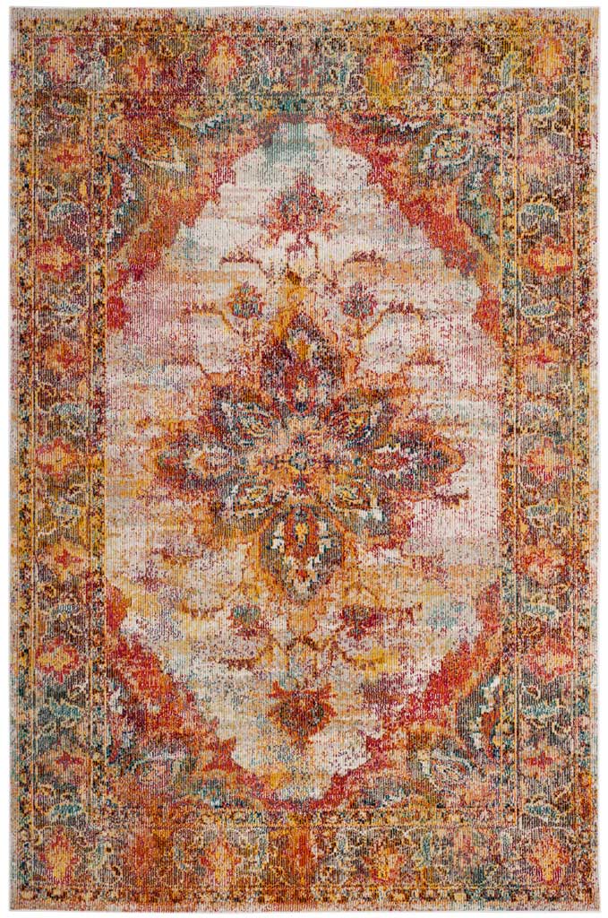 Cream and rose rug with a soft ivory field, intricate floral medallion, and weathered border
