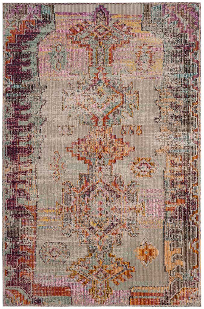 An ornate purple border frames stacked orange and teal medallions across a light gray rug.