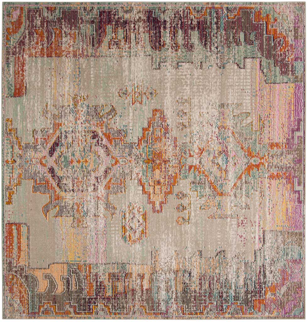 Faded medallions in purple, orange and teal accent a light gray rug with an ornate border. || CRS517P-8 || top_studio