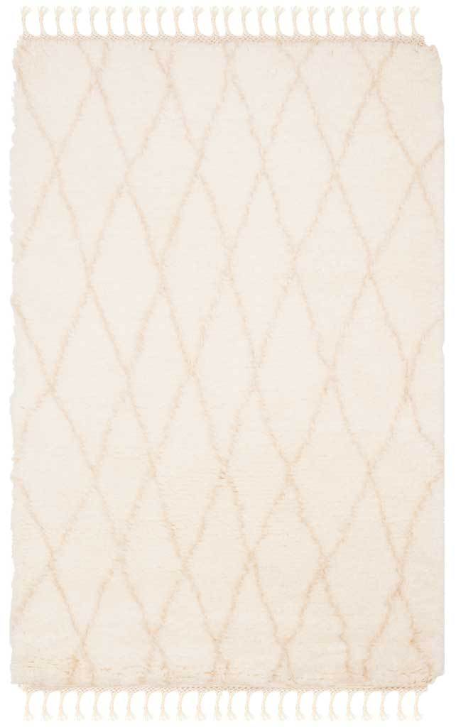 Warm beige diamonds cross creamy ivory shag and tasseled short edges