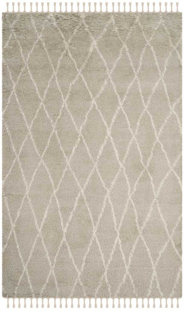 Plush gray wool meets an open ivory diamond lattice and fringed ends