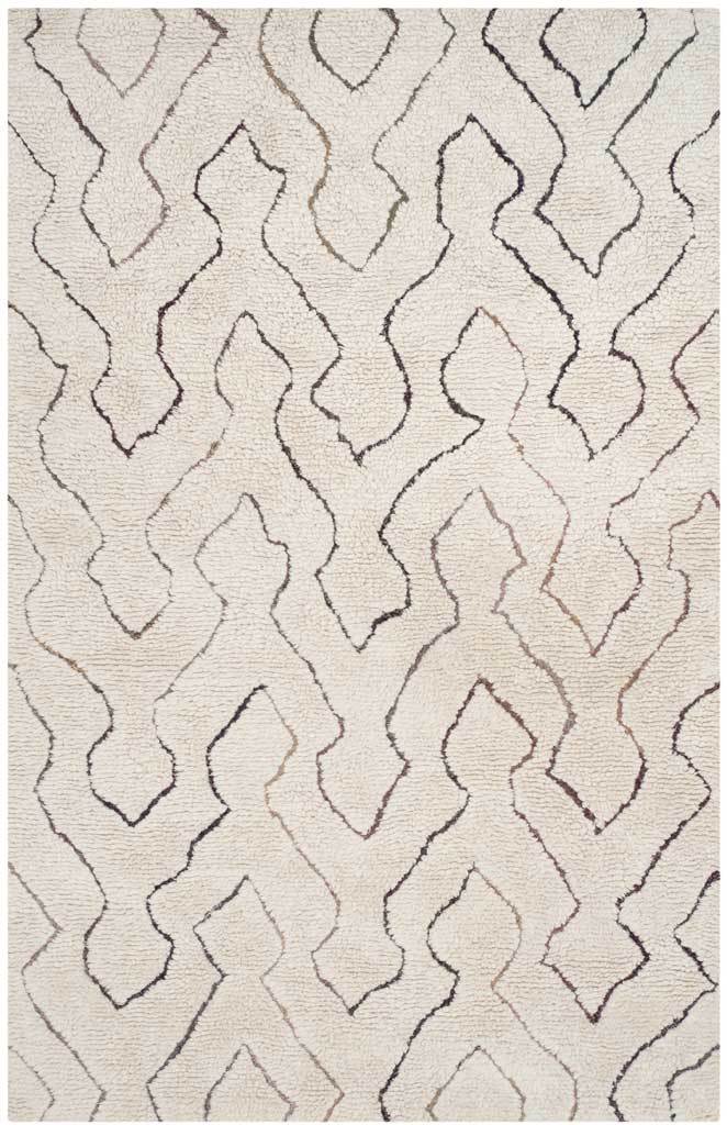 An ivory rectangular rug pairs a plush shag pile with free-flowing charcoal, blush, and beige lines.