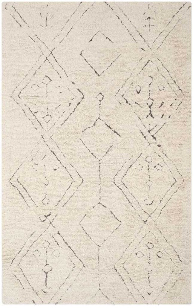 Ivory area rug with open diamond motifs, fine charcoal lines, and subtle warm-toned accents