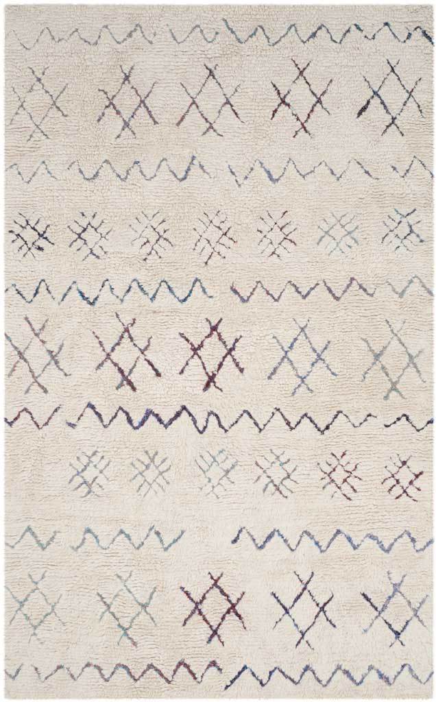 A plush ivory rug with multicolored crisscross designs arranged between wavy stripes.
