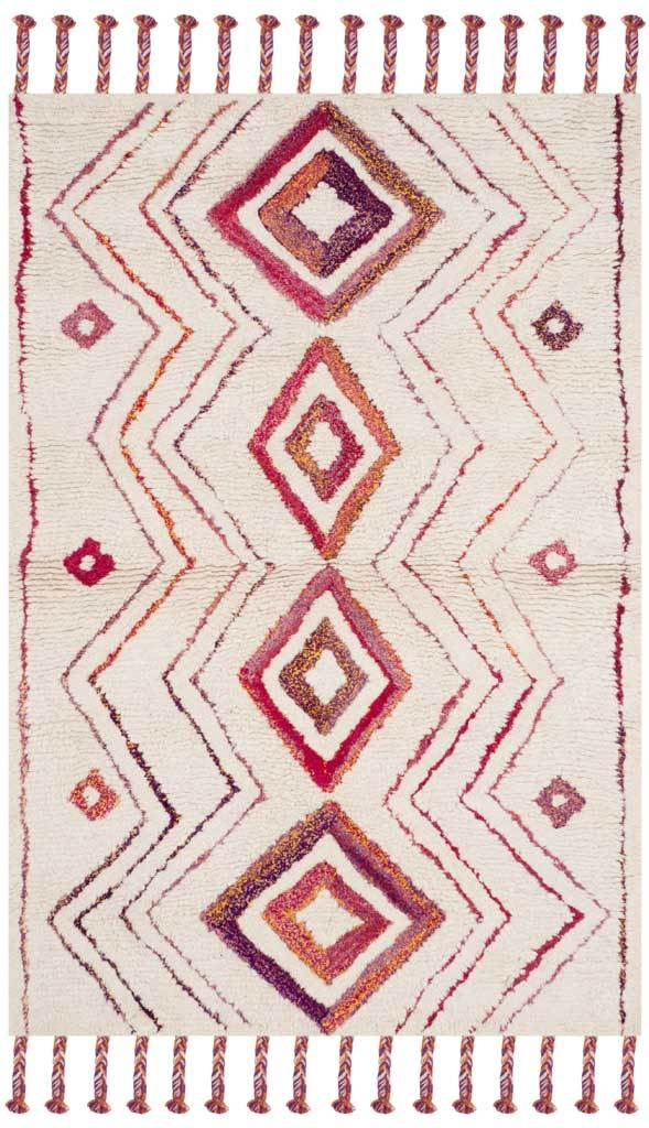 Ivory rug with pink and plum diamonds, layered chevrons, and colorful tassels at each end
