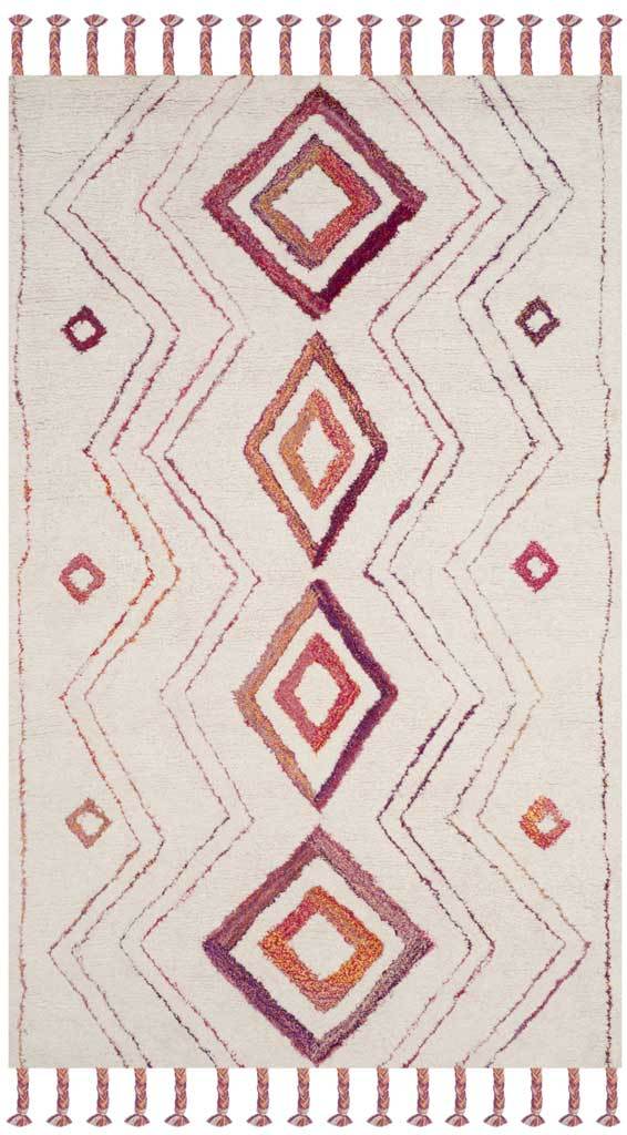 Ivory wool-blend rug with four stacked diamond medallions, pink and orange accents, and fringed ends