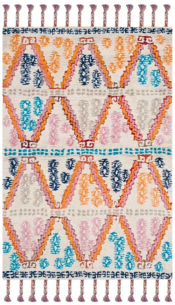 Bright zigzag diamonds and playful braided tassels enliven this 4-by-6-foot ivory rug.