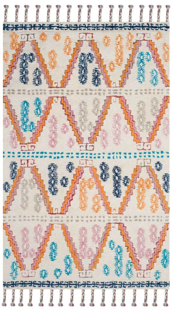 An 8-by-10-foot ivory rug features colorful diamond motifs, a navy patterned border, and braided fringe. || CSB217A-8 || top_studio