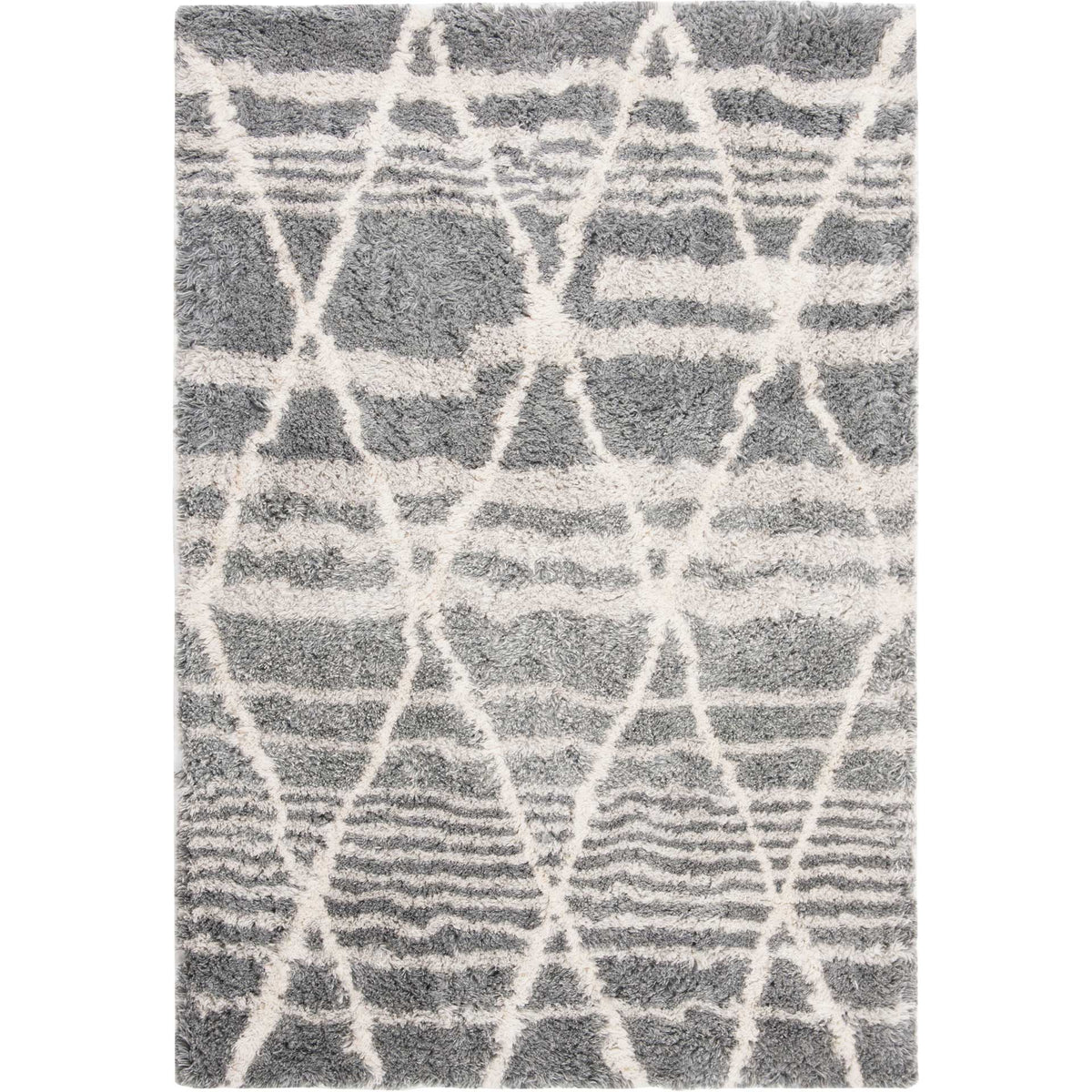 A gray-and-ivory wool rug mixes layered stripes with a lively diamond lattice.