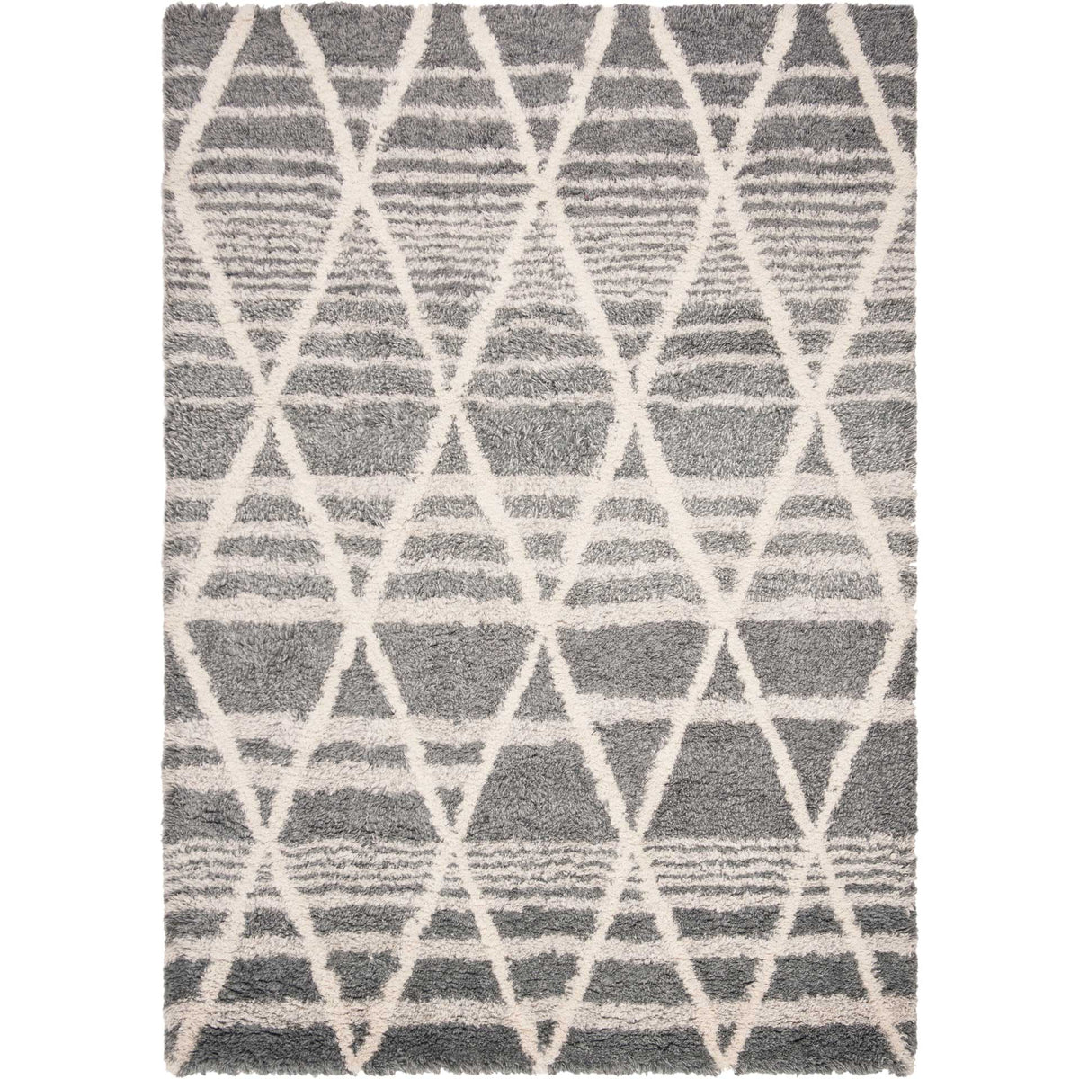 Ivory diamond lines crisscross a soft gray rug with textured, variegated bands.