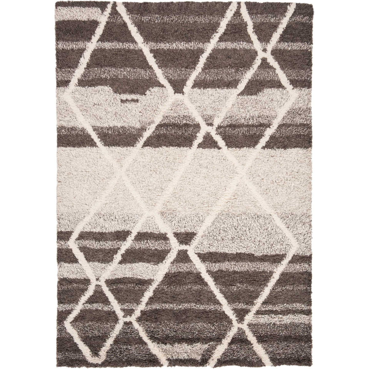 A bright ivory center softens the earthy stripes and diamond pattern of this wool rug.
