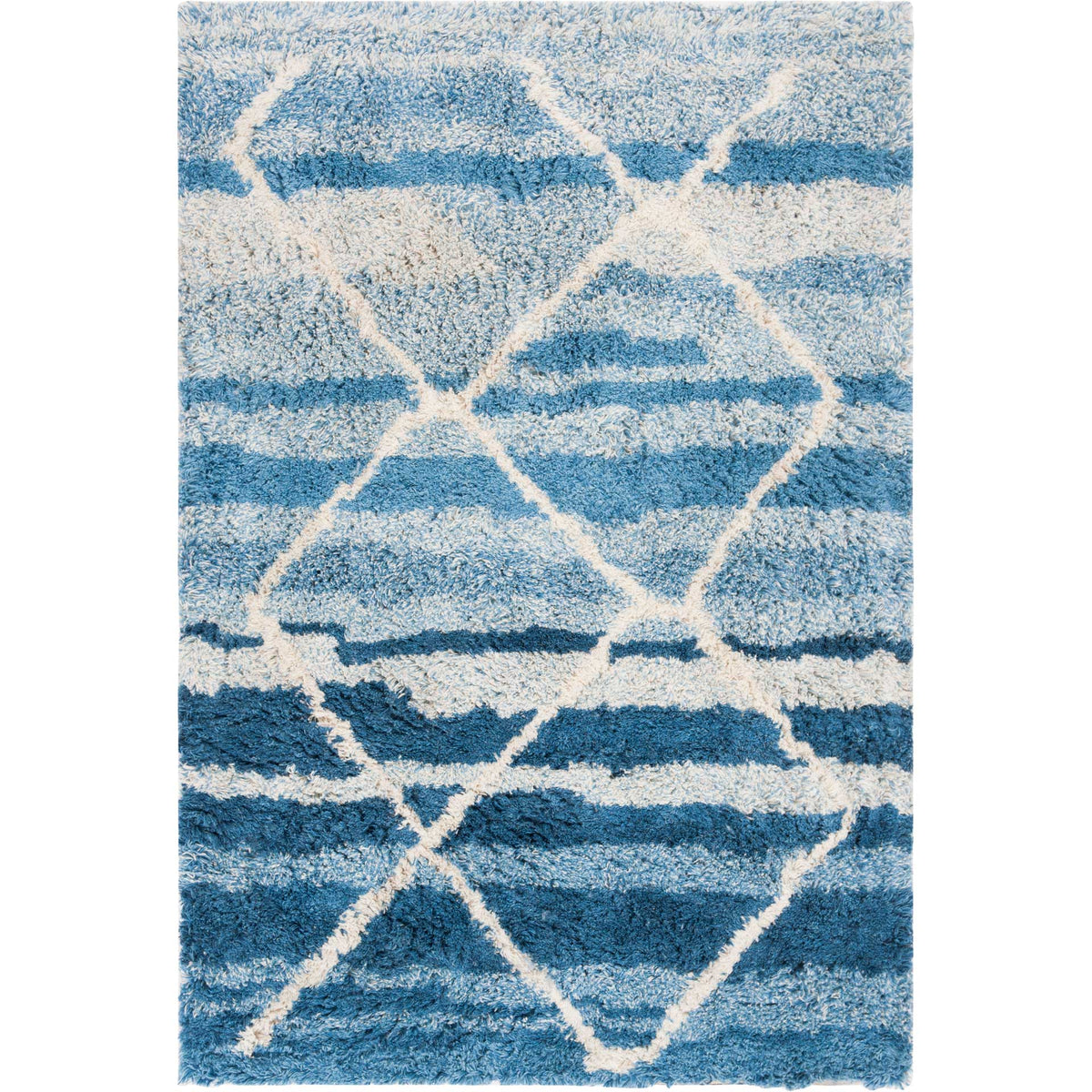 Plush blue wool rug with ivory diamond lines and softly layered stripes. || CSB250M-8 || top_studio
