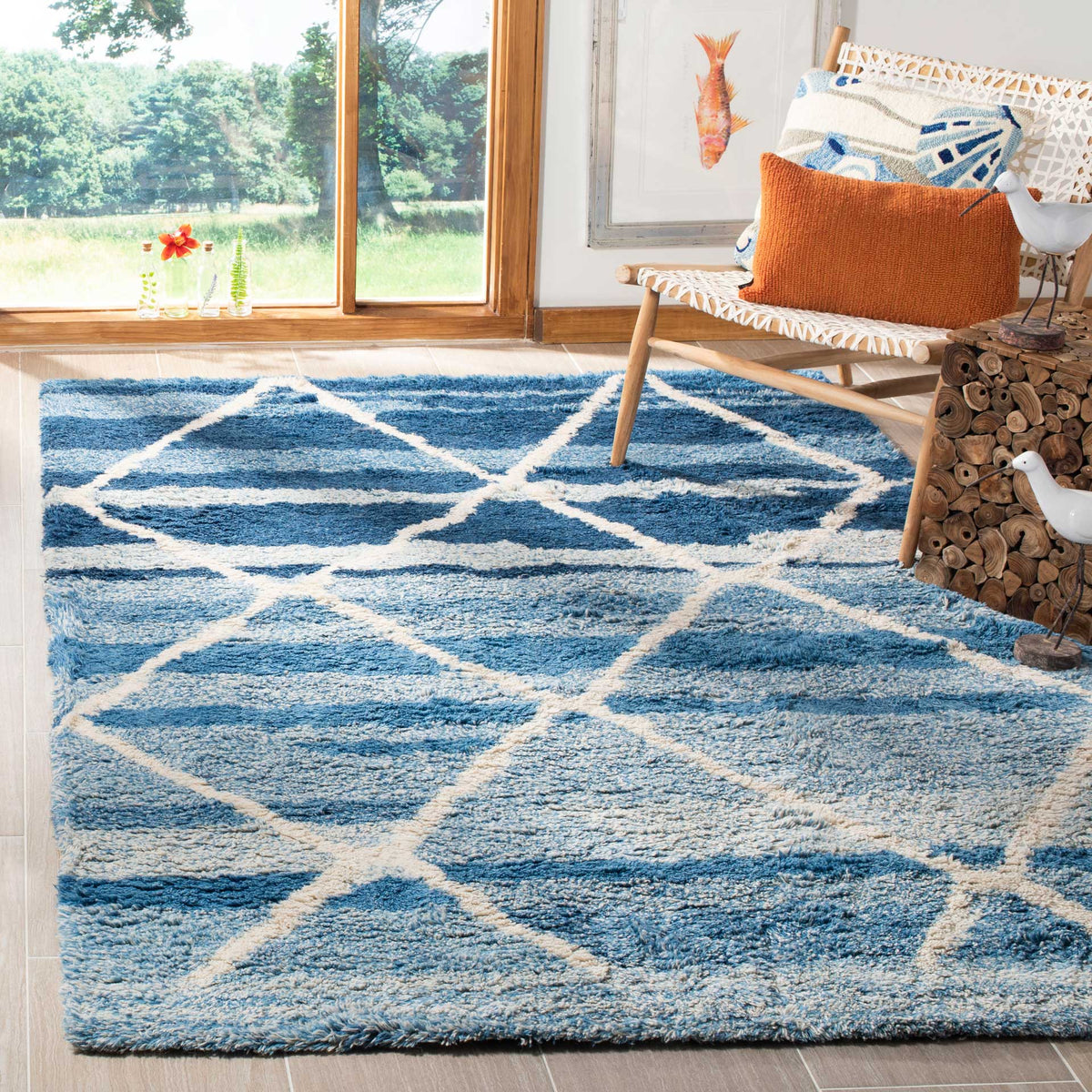 Blue and ivory diamonds bring inviting texture and fresh color to a living area.