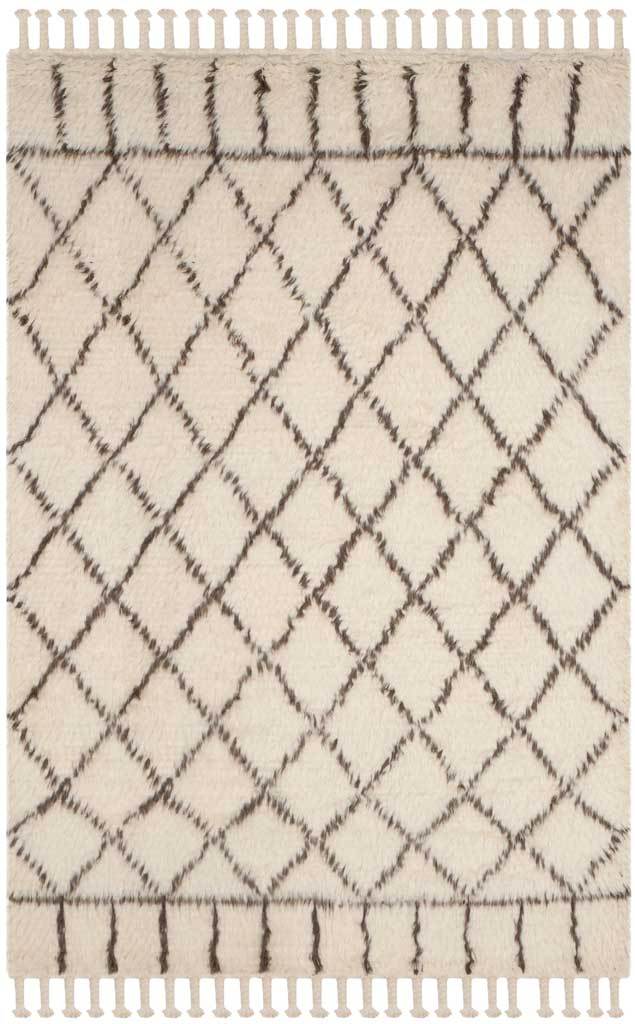 Warm ivory 6' x 9' rug with brown geometric lines and braided fringe