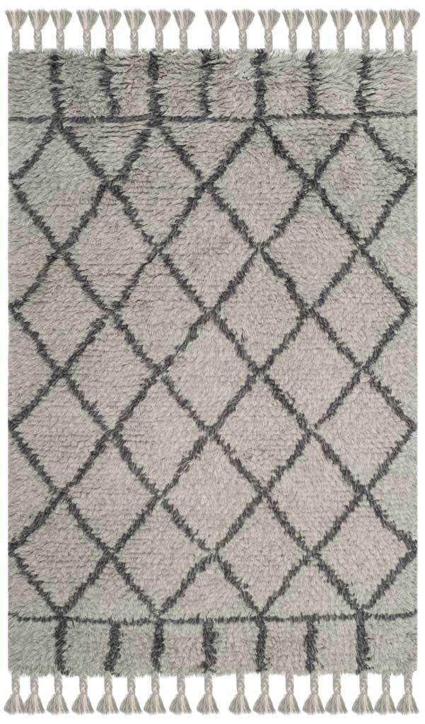 Gray 4' x 6' rug with dark gray diamonds and braided tassels at both ends