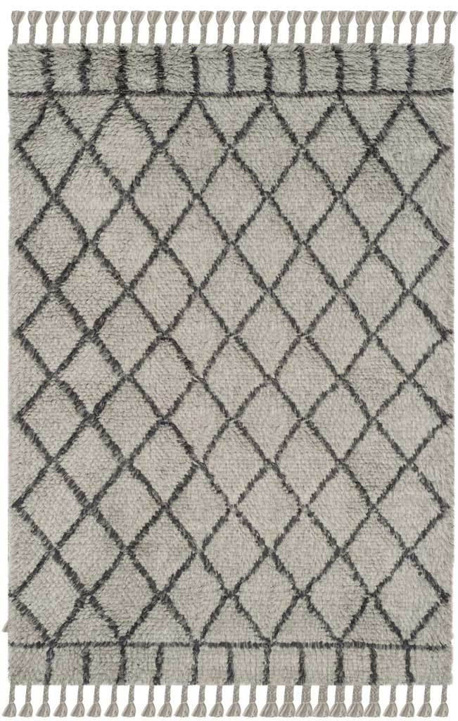 Soft gray 6' x 9' rug with dark gray crisscross lines and tasseled fringe