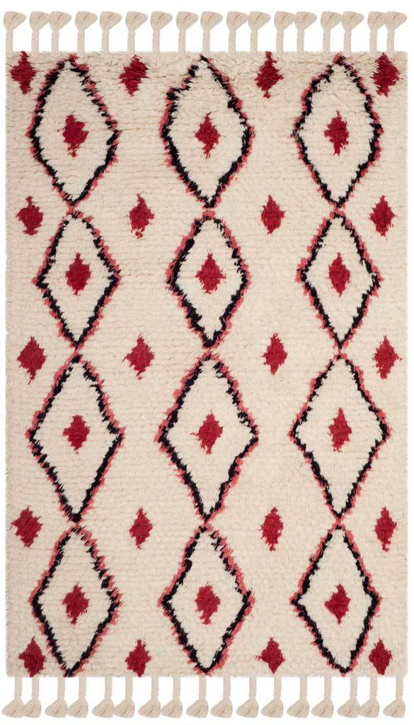An ivory 4' x 6' rug with rows of dark diamonds, fuchsia centers and tassels on both ends