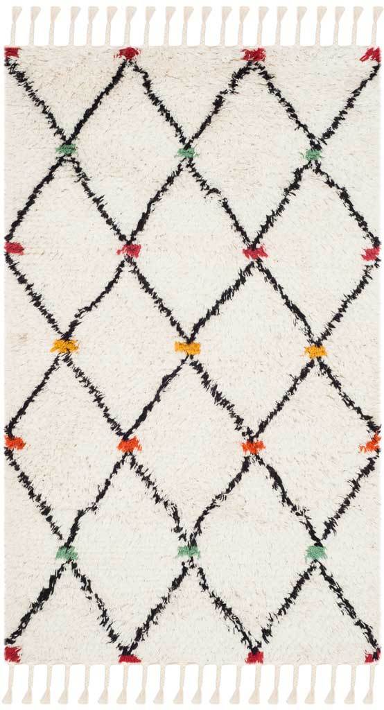 Soft ivory rug with oversized black diamond outlines, multicolor intersections, and tasseled ends