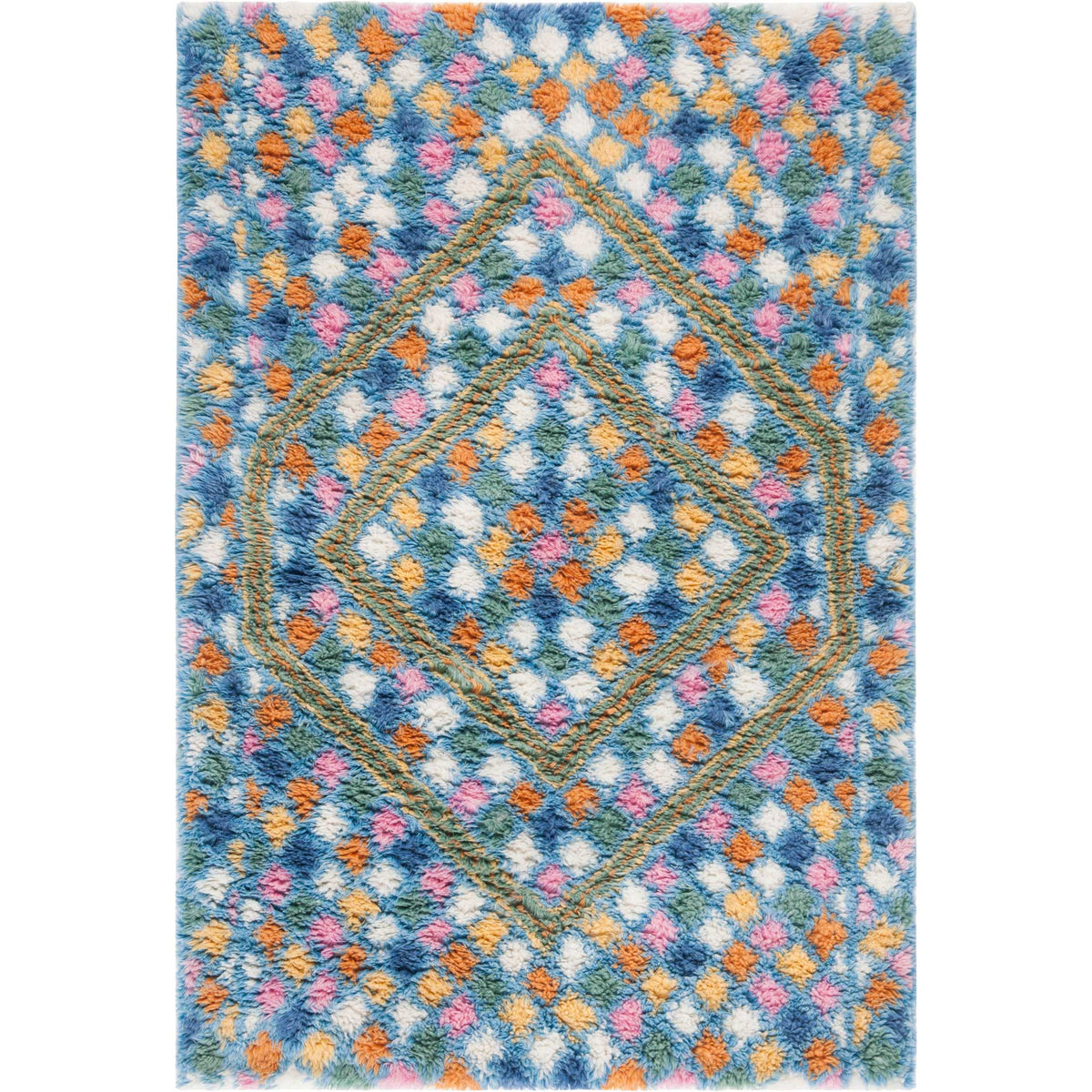 Compact blue and ivory rug features nested diamonds surrounded by orange and pink tufts