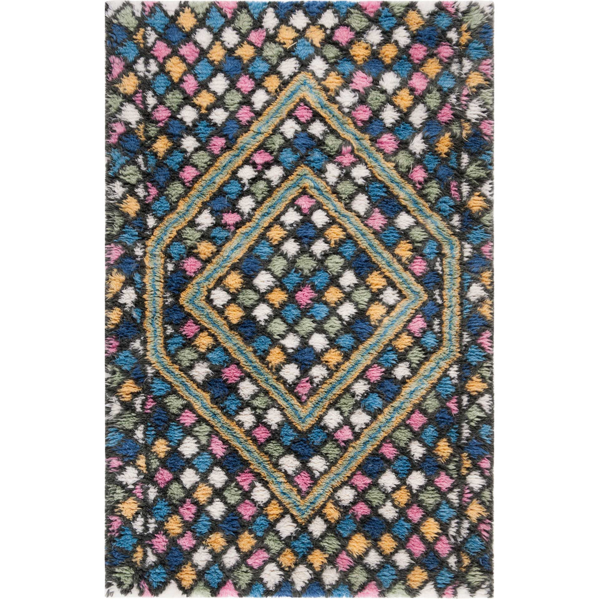 Compact navy rug features gold-edged diamonds and scattered blue, pink, and ivory tufts