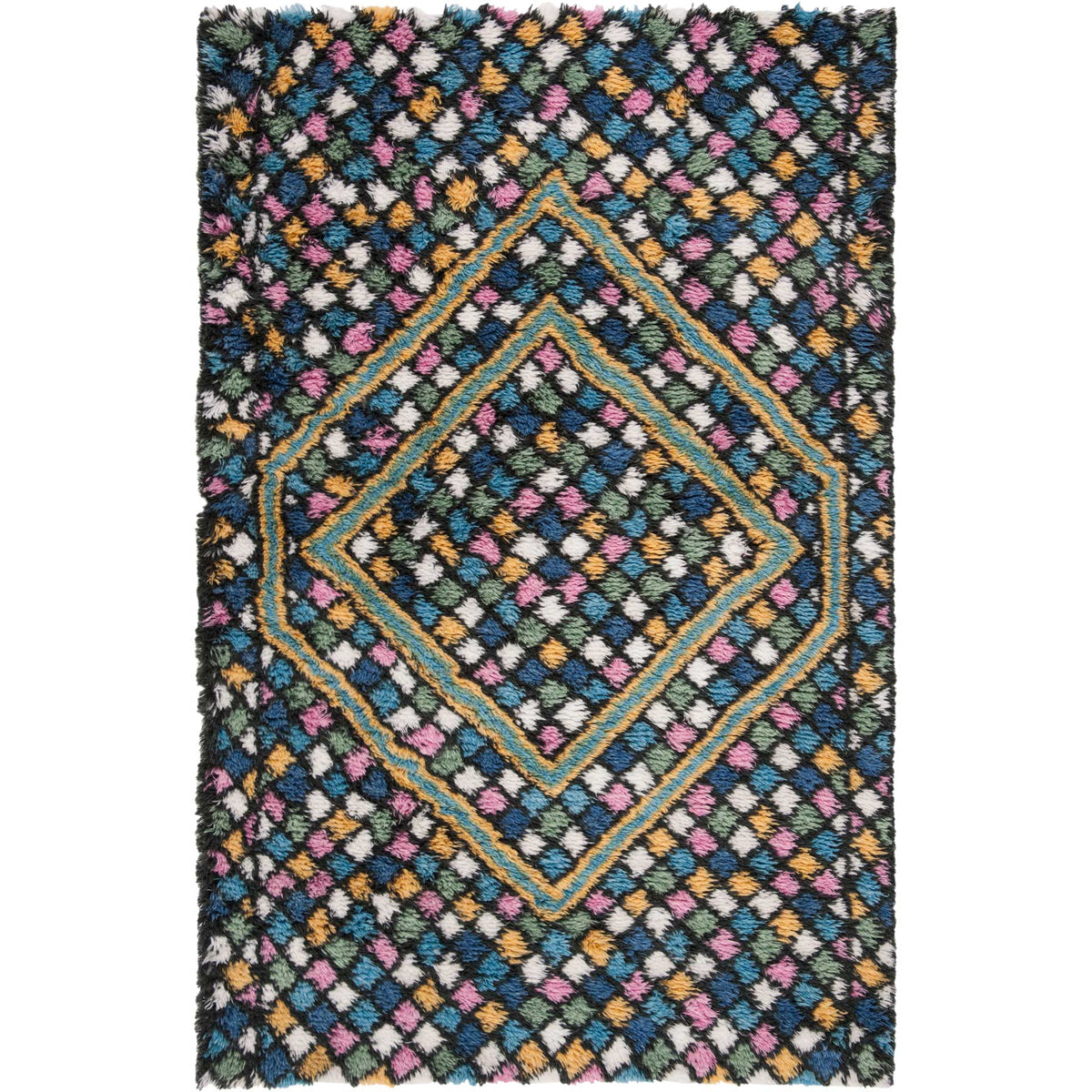 Dark blue rug pairs concentric diamonds with vivid pink and gold accents