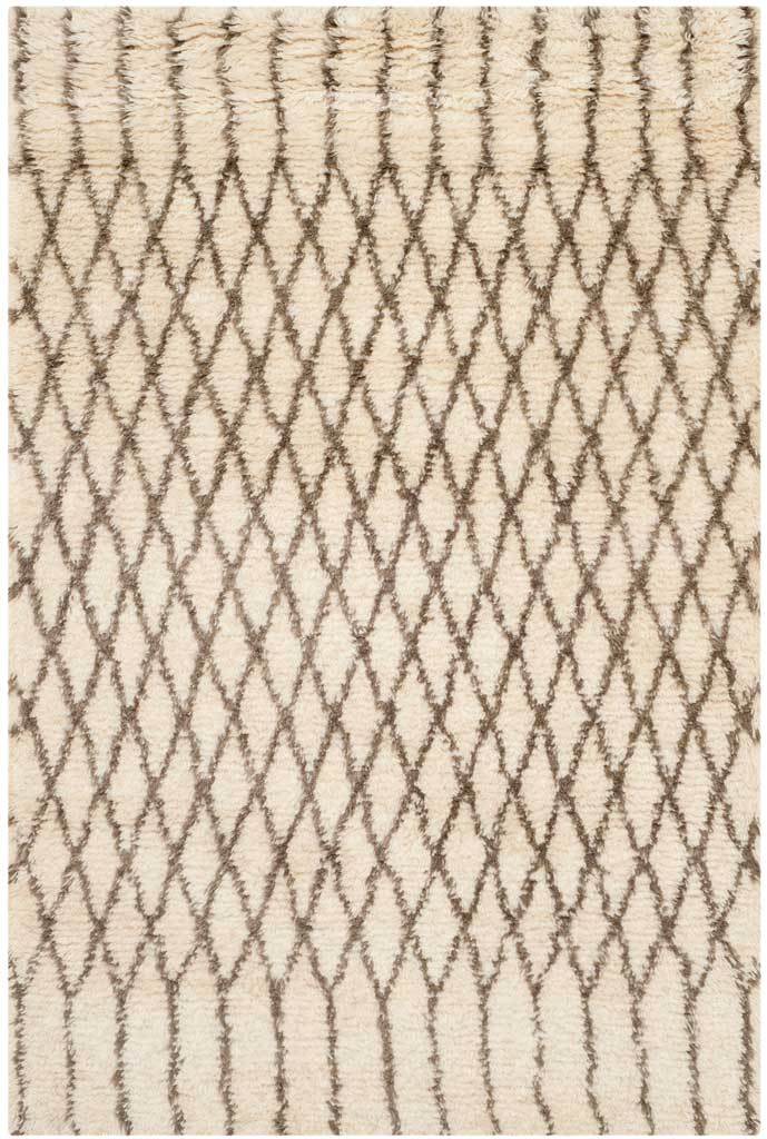 Textured ivory rug with closely spaced gray diamonds and narrow striped ends.