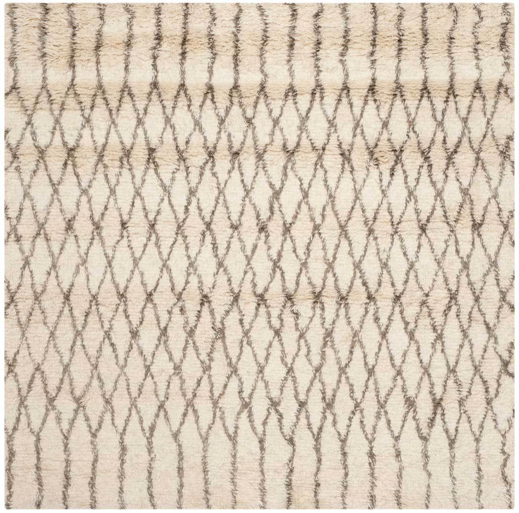 Square ivory rug with an organic gray lattice and loosely striped edges.