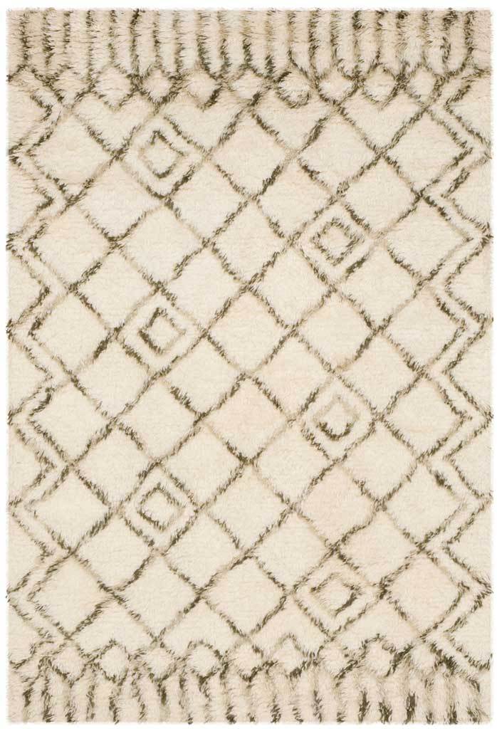 Geometric green lines crisscross a creamy ivory rug with striped end bands
